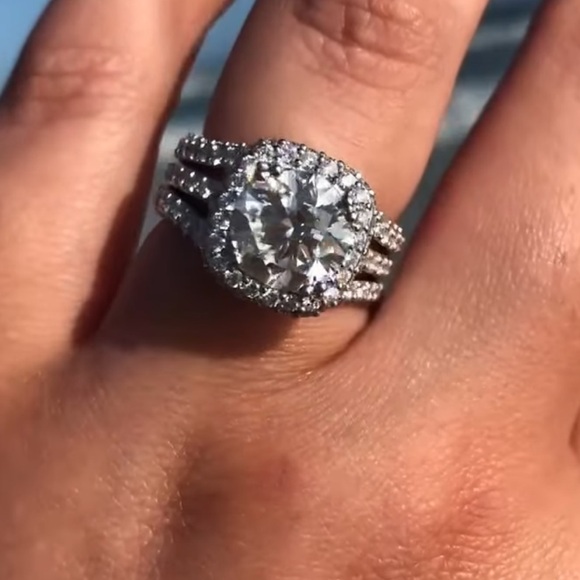 5CT diamond engagement ring solitaire cushion halo triple shank ring white gold - Picture 3 of 8